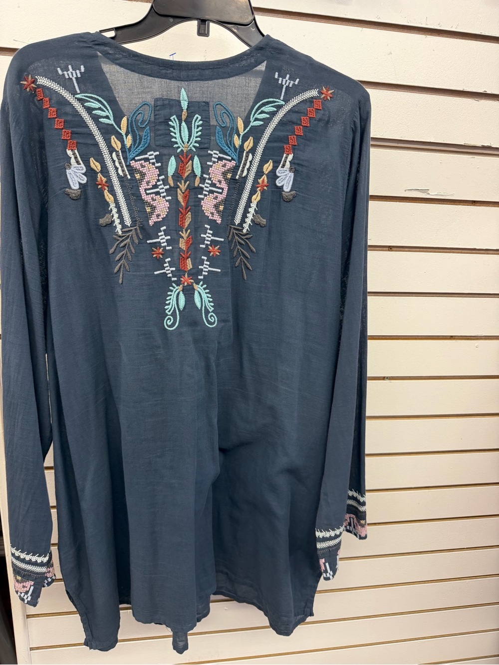 BIYA Embroidered Boho Tunic Top XL Navy Floral Long Sleeve Peasant Blouse - Picture 2 of 2